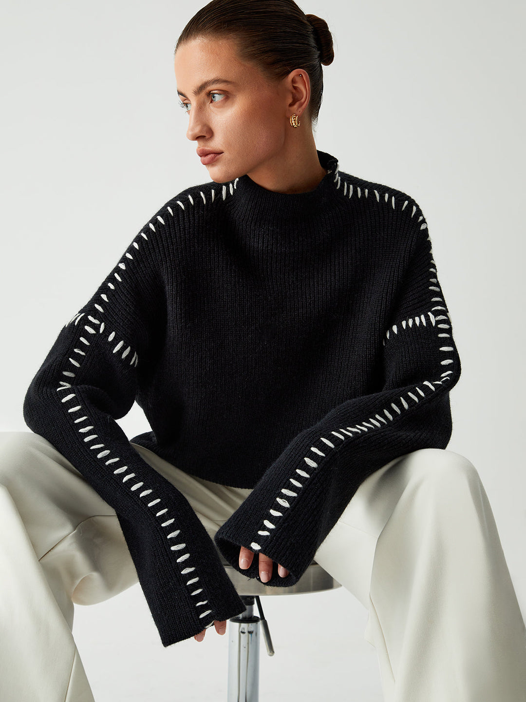 Warda - Rullekrave sweater med piqué-stik detaljer