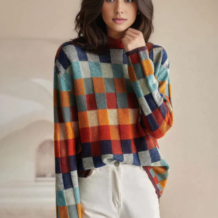 Lynn™ |-Bunter rullekrave sweater med patchwork-strikkemønster